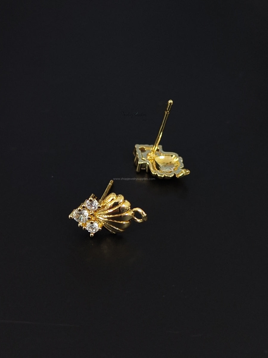 14K Gold Plated Cubic Zirconia shell Stud Earring Findings Brass Nickel Free