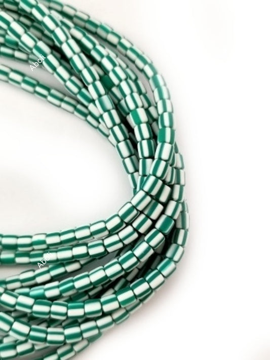 Green White striped polymer clay beads cylinder shaped beads 6 x 5 mm PCB04 1 full strand