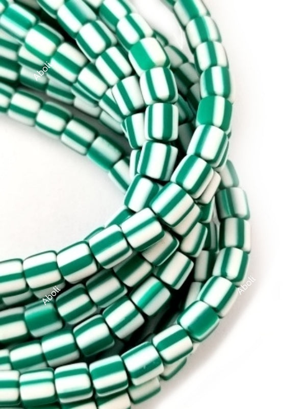 Green White striped polymer clay beads cylinder shaped beads 6 x 5 mm PCB04 1 full strand
