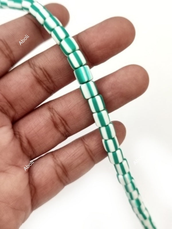 Green White striped polymer clay beads cylinder shaped beads 6 x 5 mm PCB04 1 full strand