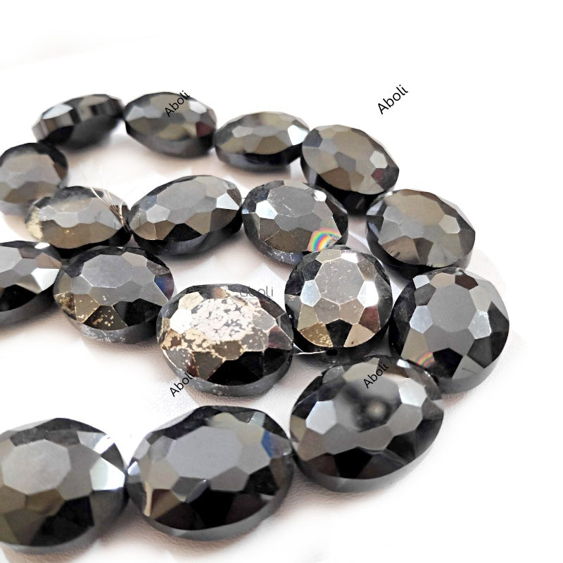Black flat oval Faceted crystal glass bead 20 x 15 x 9 mm with silver foil finish FGB99