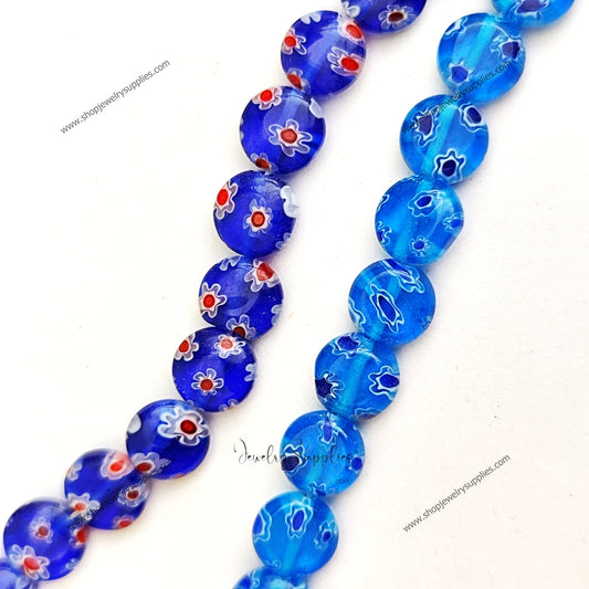 8x3 mm Blue flat round glass beads flowers FGB203 1 full strand of 50 beads