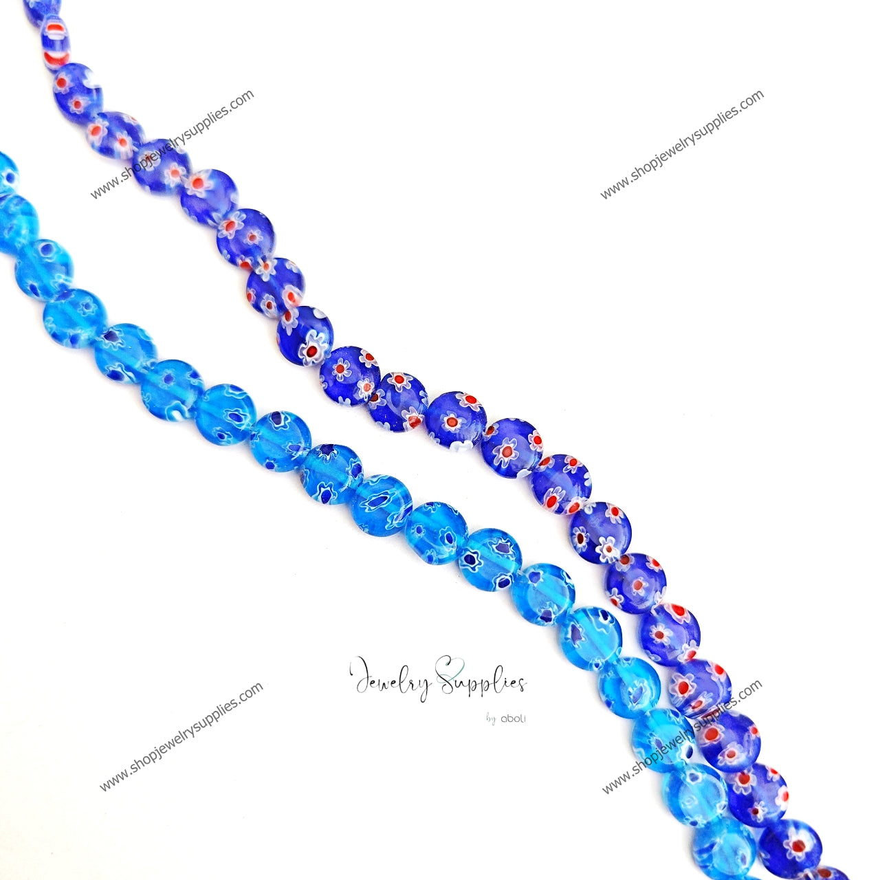 8x3 mm Blue flat round glass beads flowers FGB203 1 full strand of 50 beads