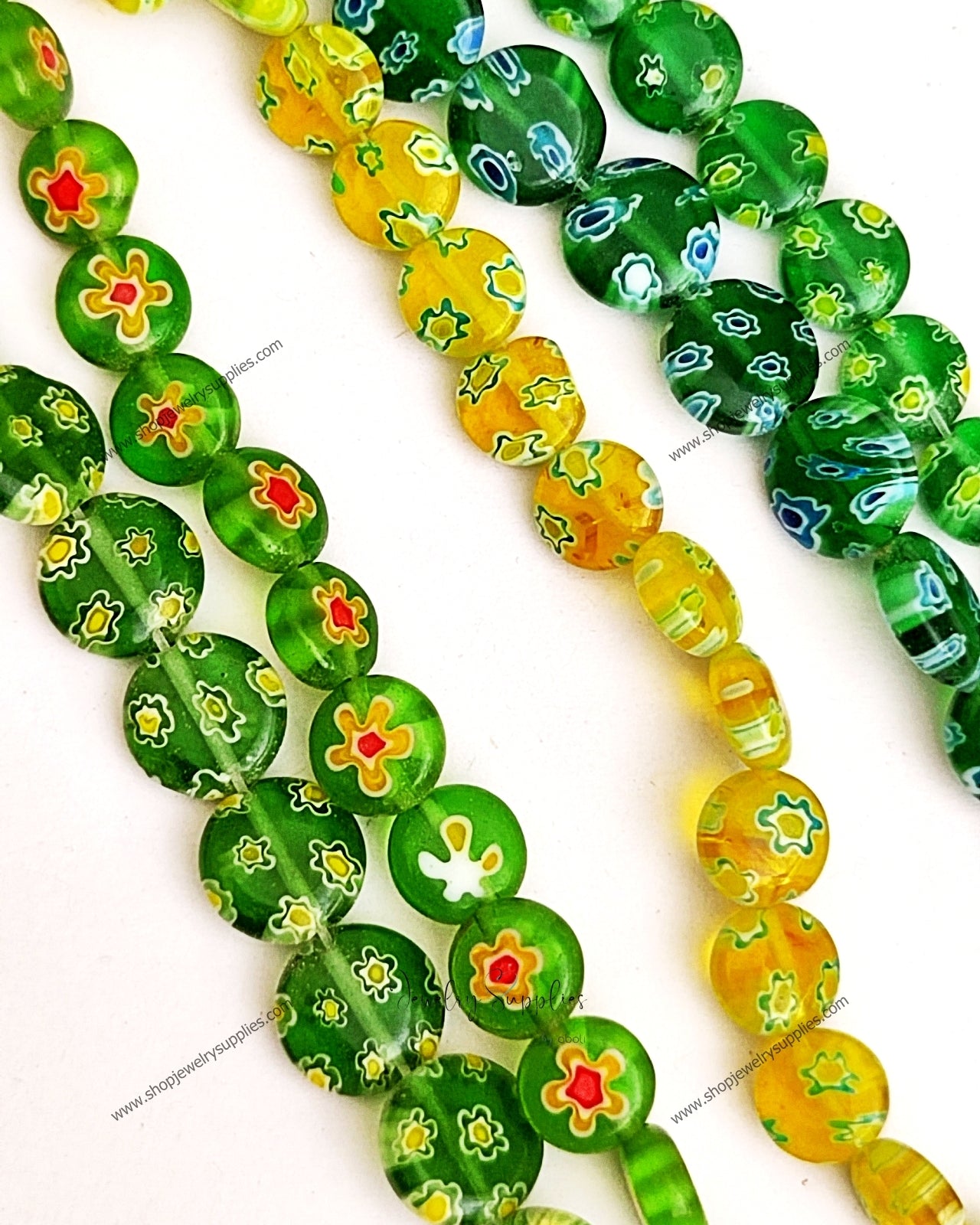 Flat round glass beads flowers FGB204 1 full strand