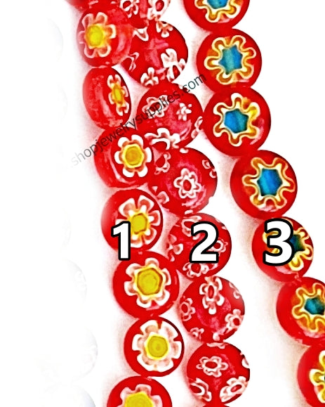 Flat round red glass beads flowers FGB205 8 x 3 mm 1 full strand of 50 beads