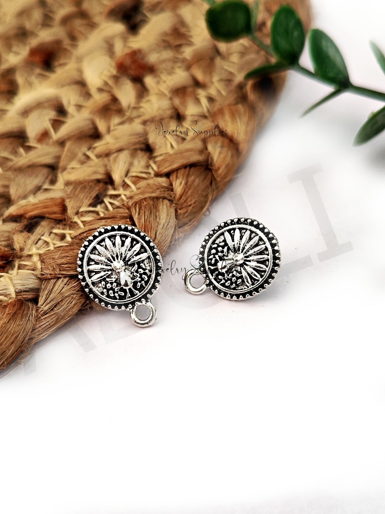 Oxidized silver peacock earrings Disc stud findings ESS210