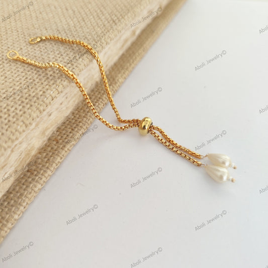 Golden bracelet chain with drop pearls adjustable rakhi chain RBCR6