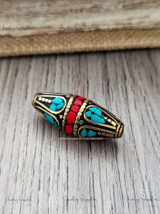 Brass Nepal bead Tibetan turquoise inlay beads handmade NB06 1 bead