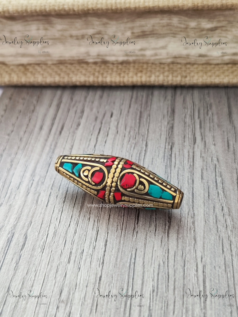Brass bead Nepal turquoise coral inlay beads handmade NB08 1 bead