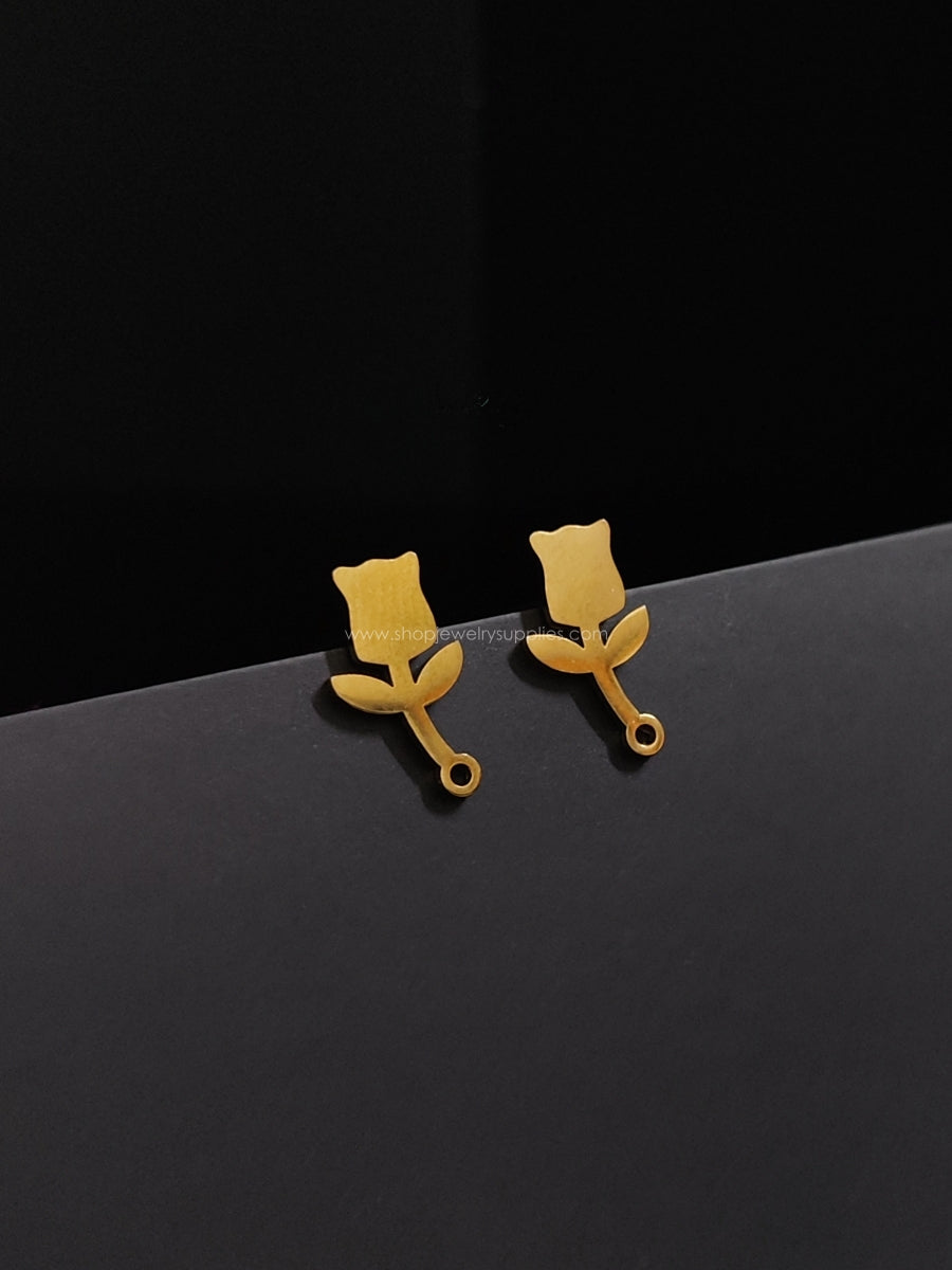 Golden rose bud studs earring findings PVD plating 304 stainless steel flower earrings making SSEF13 2 pieces