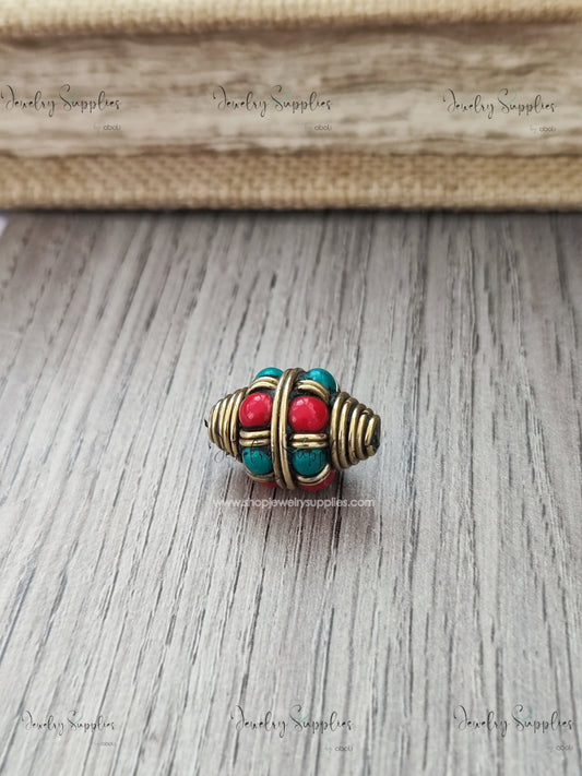 Brass Nepal bead coral turquoise inlay beads handmade NB07 1 bead
