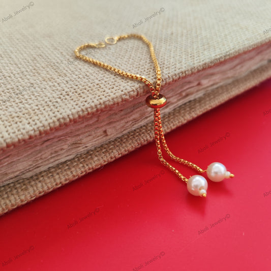 Golden bracelet chain with round pearls adjustable rakhi chain RBCR3