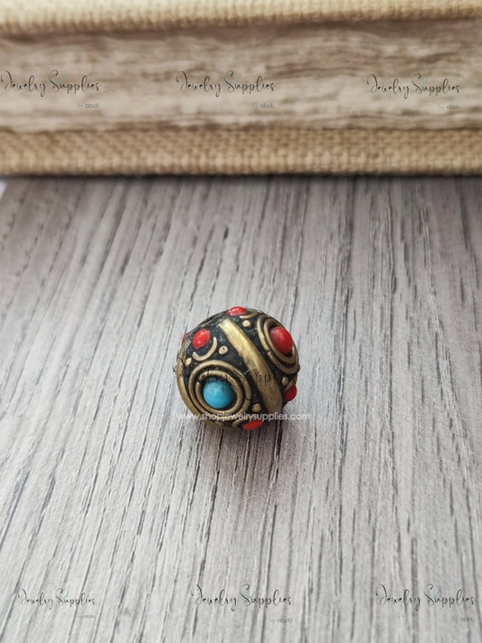 Nepal bead Round Tibetan brass turquoise inlay beads handmade NB05 1 bead