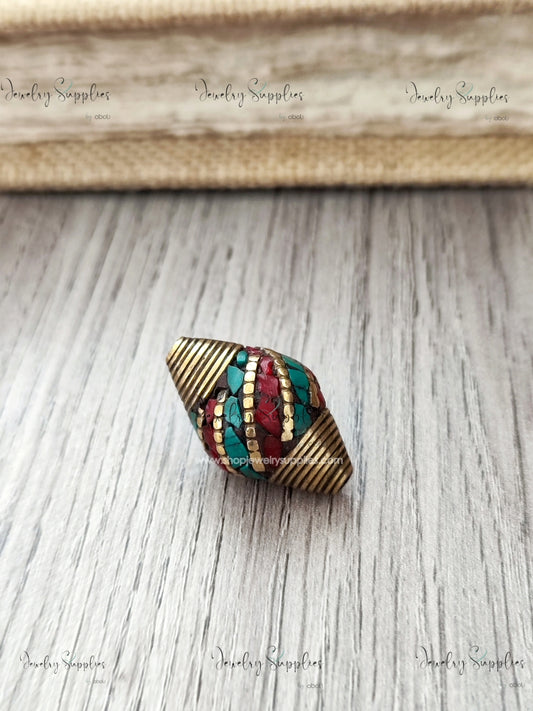 Nepal bead Tibetan brass coral turquoise inlay beads handmade NB04 1 bead
