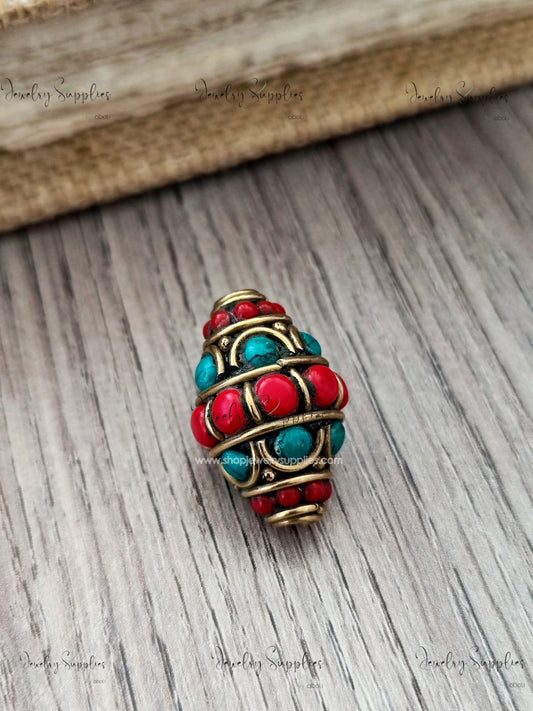 Nepal bead Tibetan chuba coral turquoise inlay beads handmade NB03 1 bead
