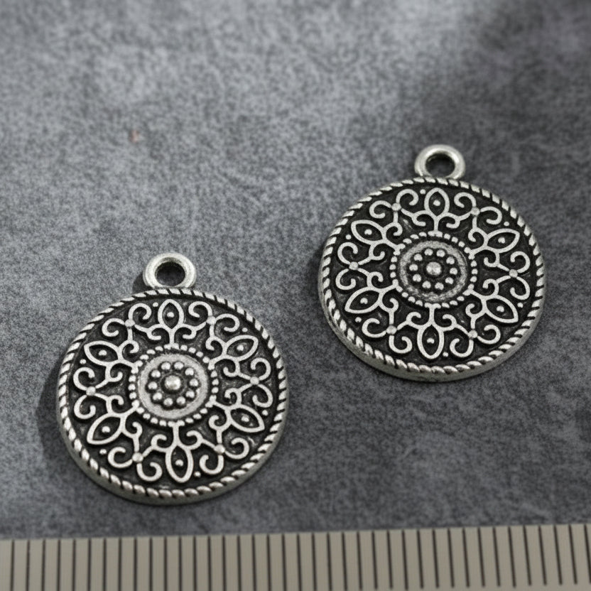 Silver mandala charms disc dangles coins CHMS87 2 charms