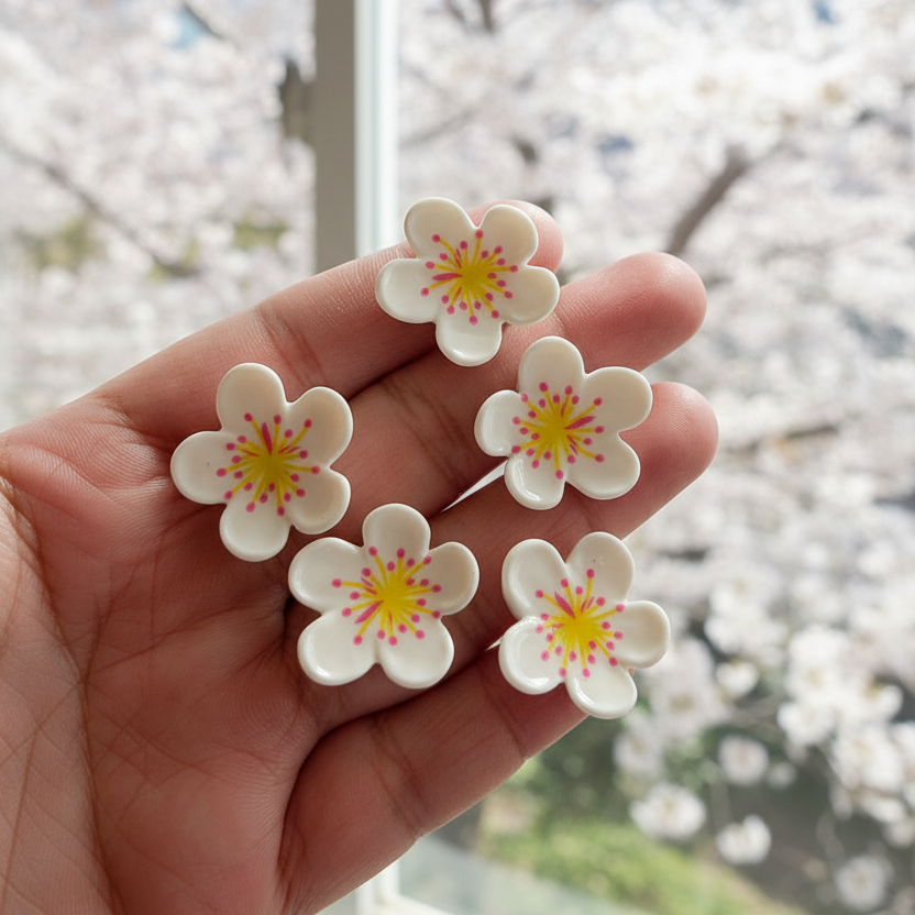 Hand holding white floral cabochons with a cherry blossom background