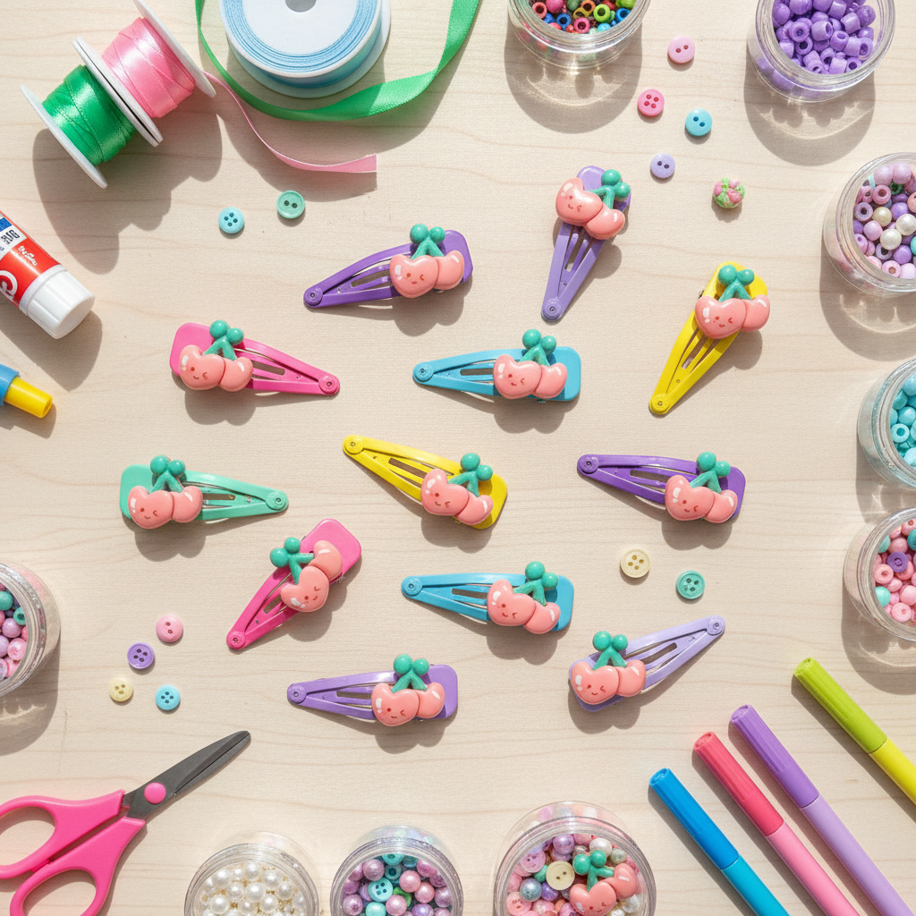 Colorful hair accessories and stationery items on a light surface