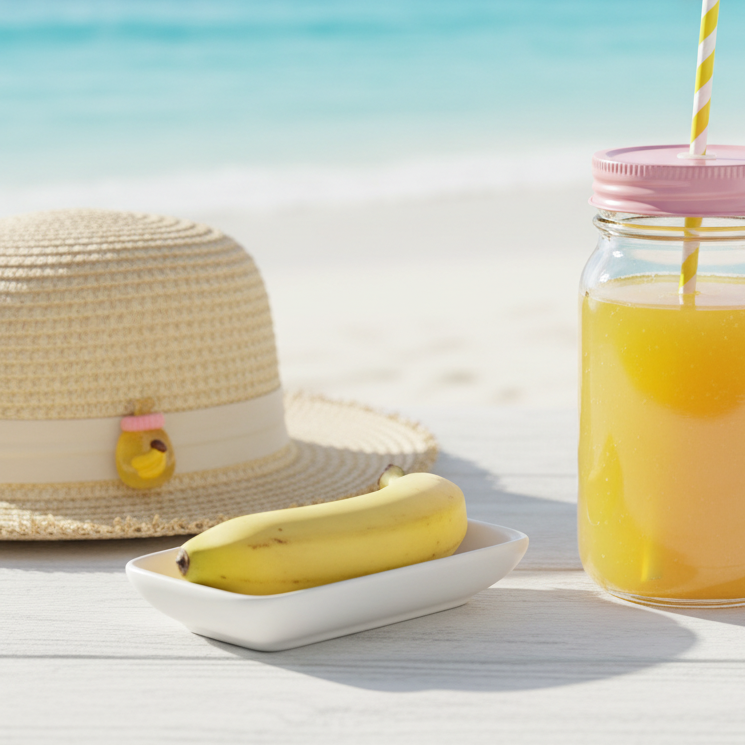 Banana on a white plate with a straw and jar of juice next to a straw hat on a bright background