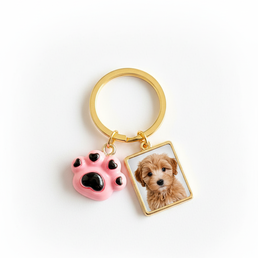 Keychain with pink paw print charm and photo of a dog on a white background