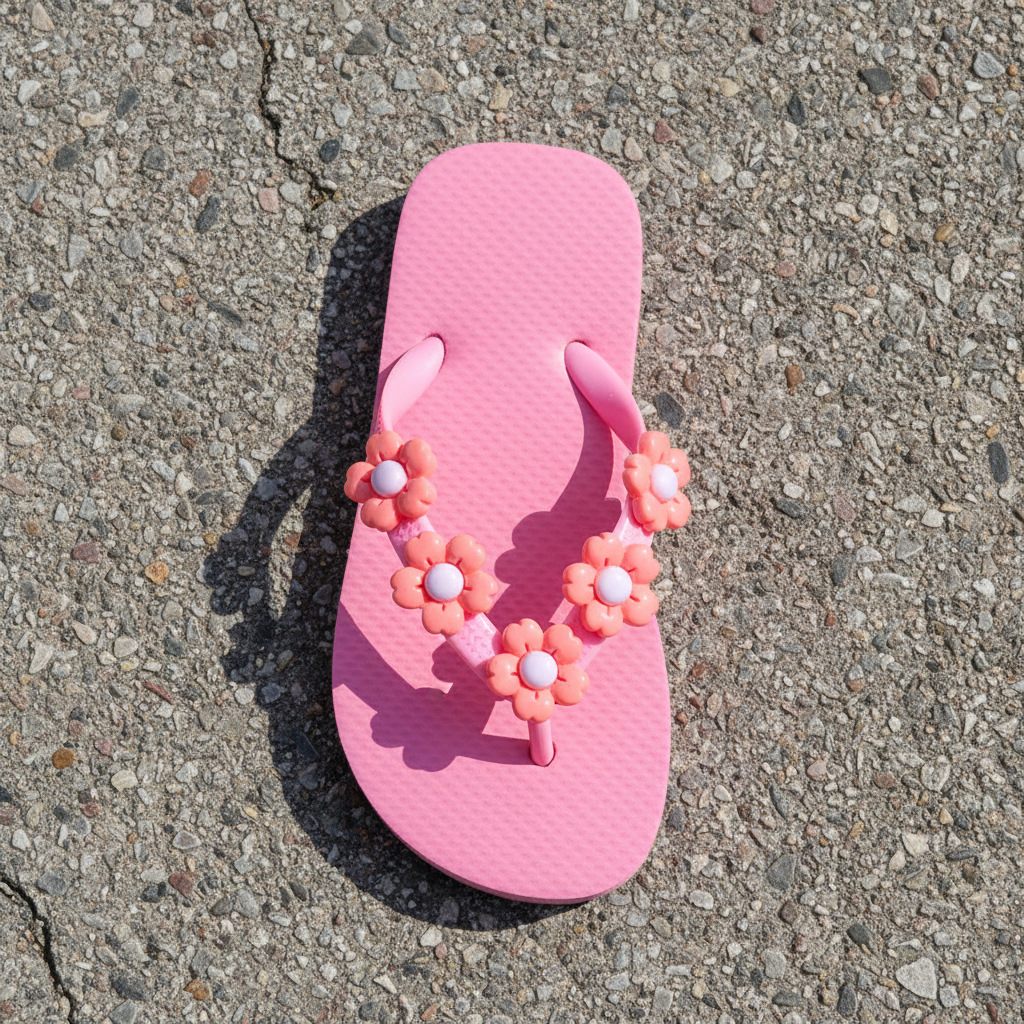 Pink flip-flop with floral decorations on a concrete surface