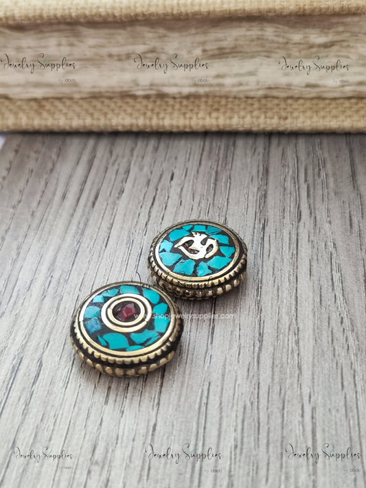 Zerjum nepal beads turquoise and coral inlay beads brass mantra disc beads handmade NB09 1 bead