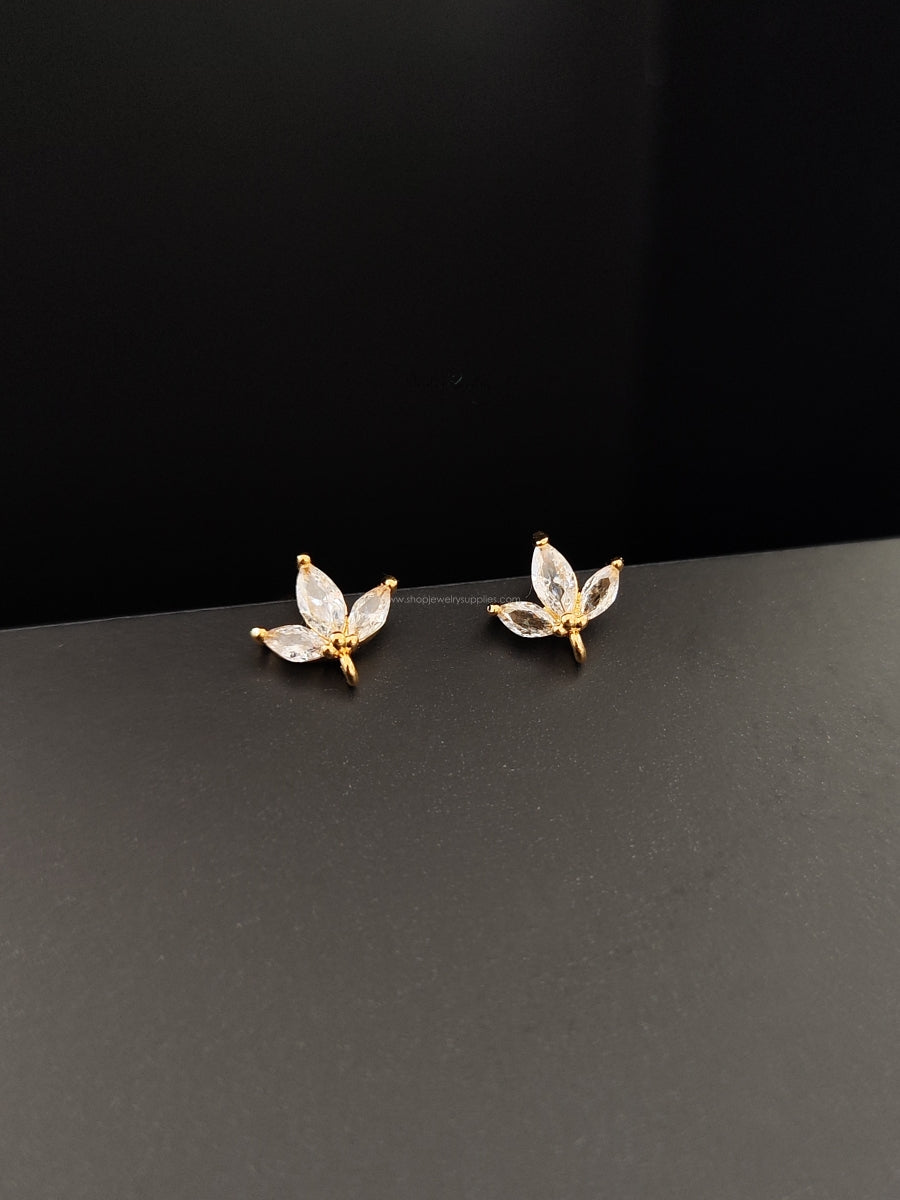 18K Gold Plated Cubic Zirconia Flower Stud Earring Findings 3 Petal Design Brass Nickel Free CZEF11 2 pieces
