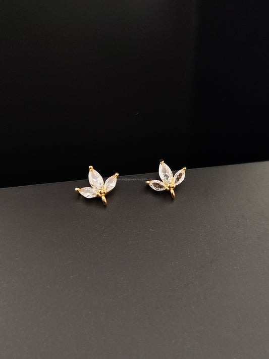 18K Gold Plated Cubic Zirconia Flower Stud Earring Findings 3 Petal Design Brass Nickel Free CZEF11 2 pieces