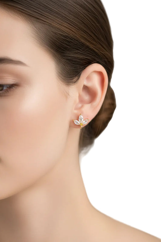 18K Gold Plated Cubic Zirconia Flower Stud Earring Findings 3 Petal Design Brass Nickel Free CZEF11 2 pieces
