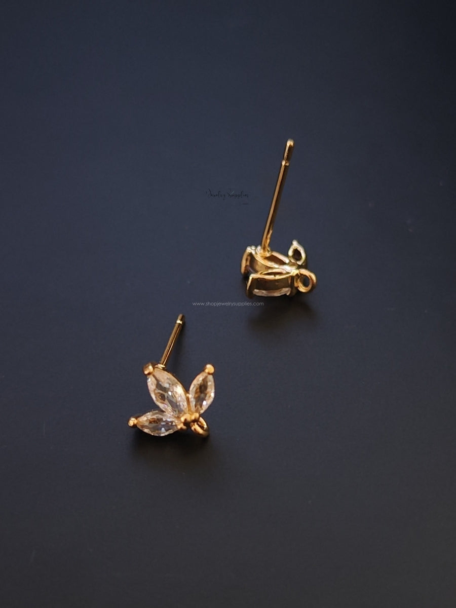 18K Gold Plated Cubic Zirconia Flower Stud Earring Findings 3 Petal Design Brass Nickel Free