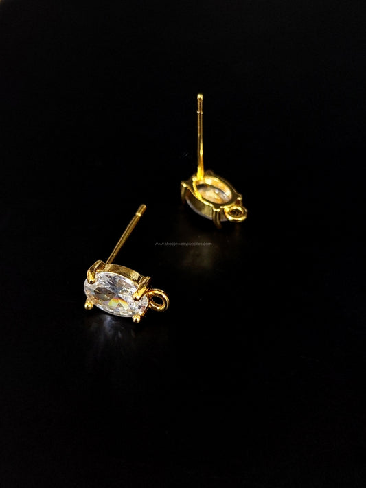 18K Gold Plated Brass oval Cubic Zirconia Stud Earring Findings Clear CZ CZEF08 2 pieces