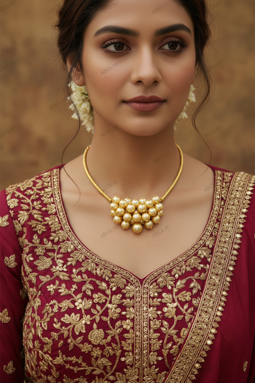 Woman wearing a maroon embroidered outfit with gold jewelry against a brown background