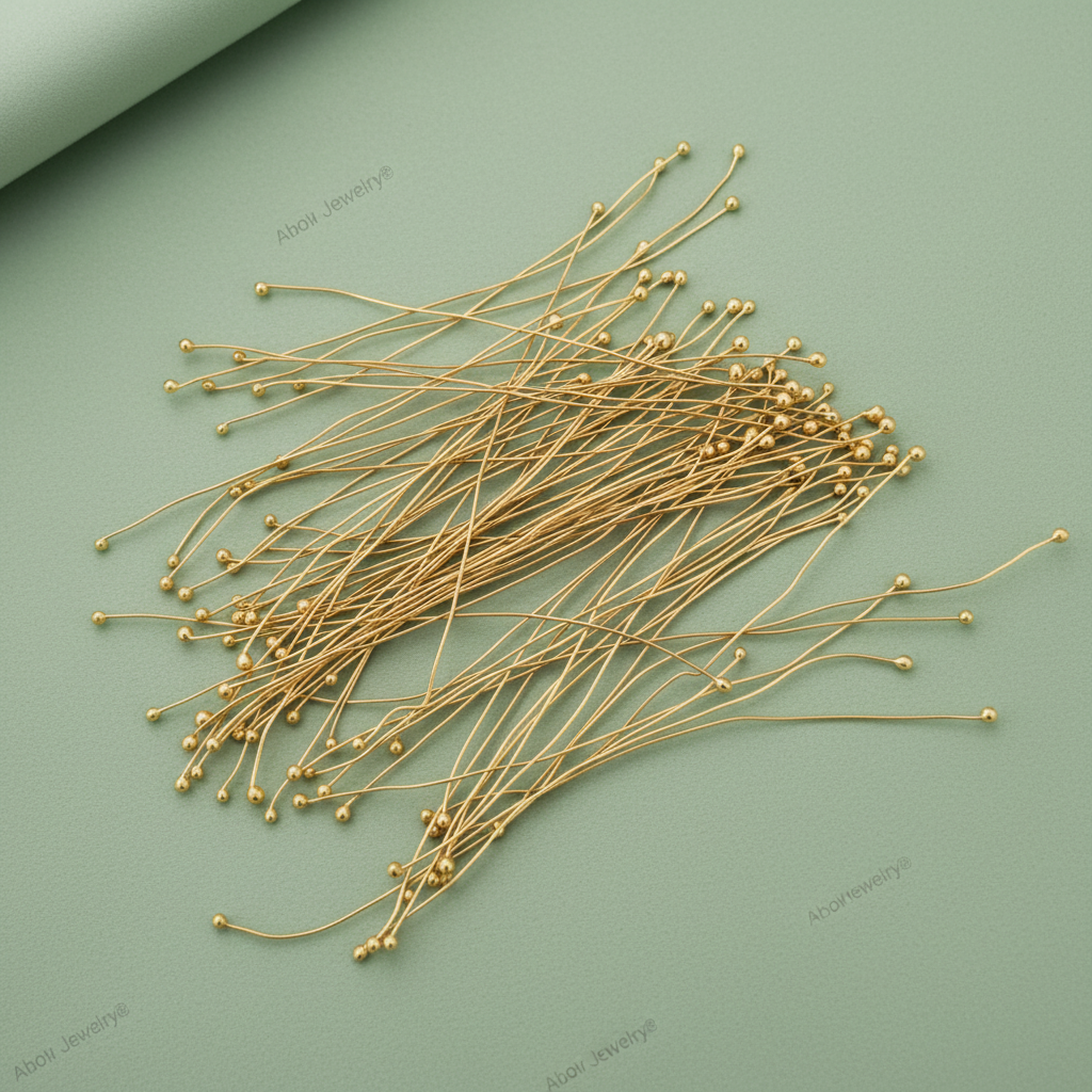 A pile of gold-toned metal wire findings with small ball tips, arranged on a muted sage green background.