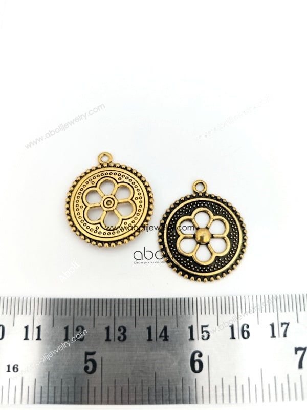 Golden circle charm with flower center CHMG118 2 charms