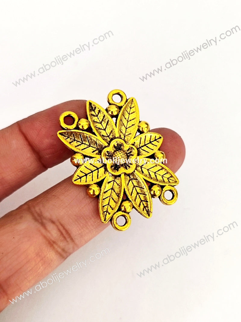 Golden pendant connector flower leaves motif rectangular pendant GP45 - Jewelry Supplies