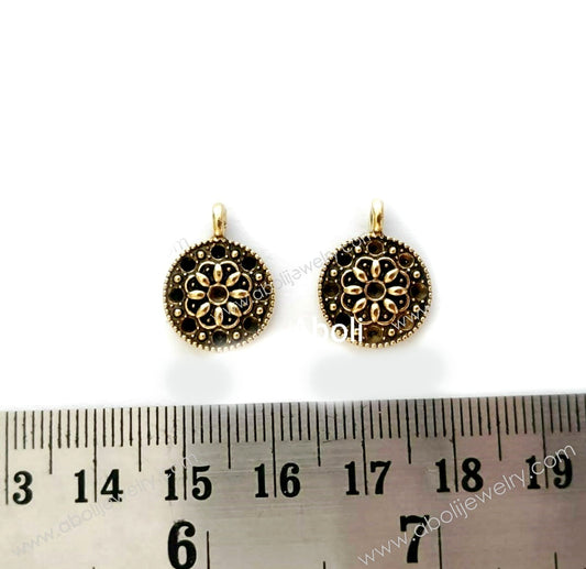 Golden Charm floral motif round charm with stone settings CHMG36 2 charms