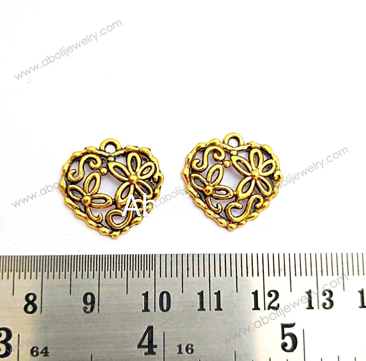 Golden heart Charm flowers heart charms Valentine's day love CHMG10 2 charms