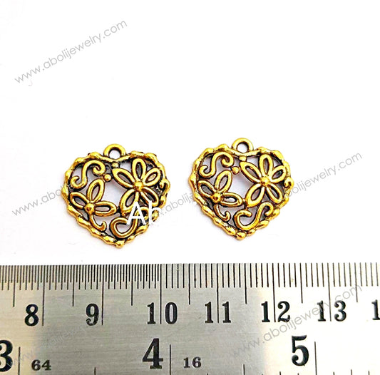 Golden heart Charm flowers heart charms Valentine's day love CHMG10 2 charms