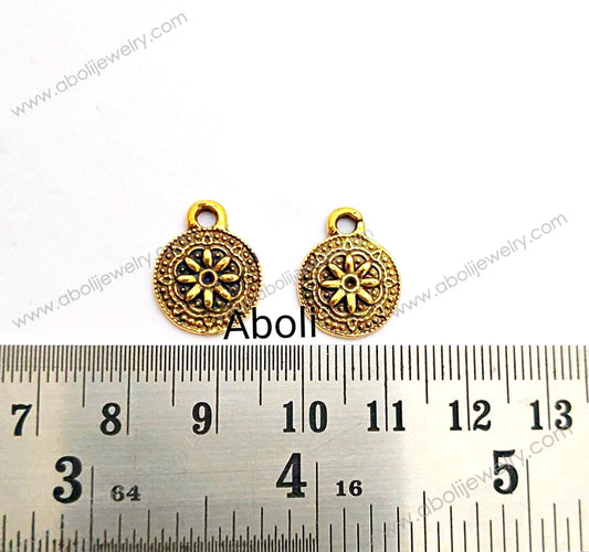 Golden flat disc designer floral Charm CHMG23 2 charms