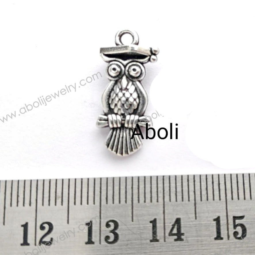 Silver Charm owl charm double sided graduation hat knowledge CHMS22