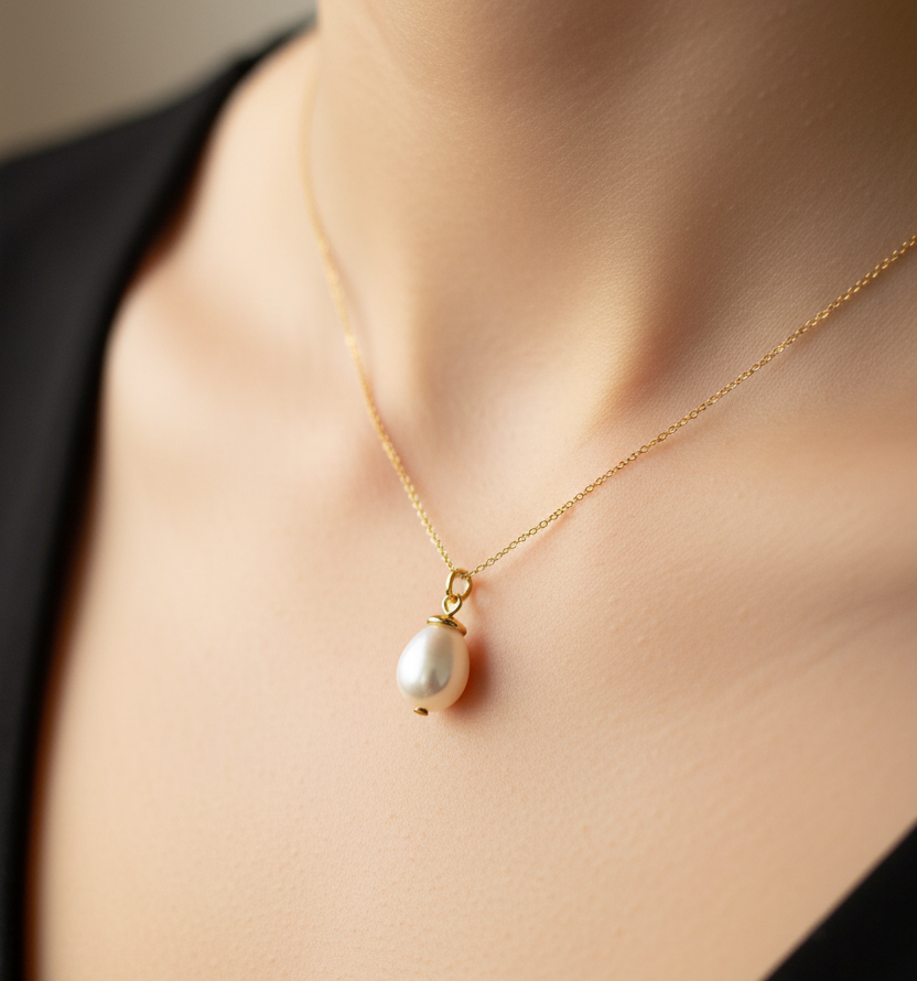 Pearl necklace on a person wearing a black top