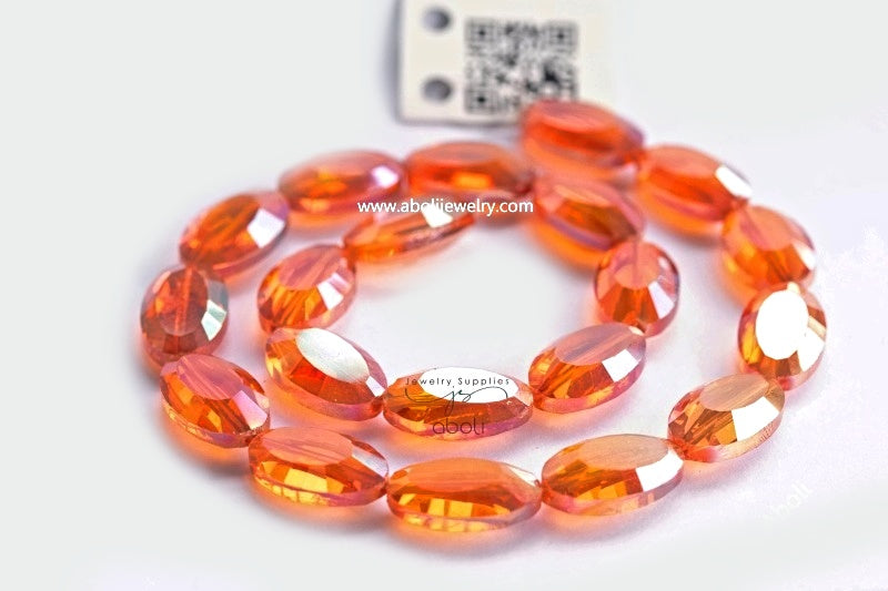 Flat Oval Faceted crystal glass beads pink orange 22 x 13 x 8 mm big glass beads FGB43