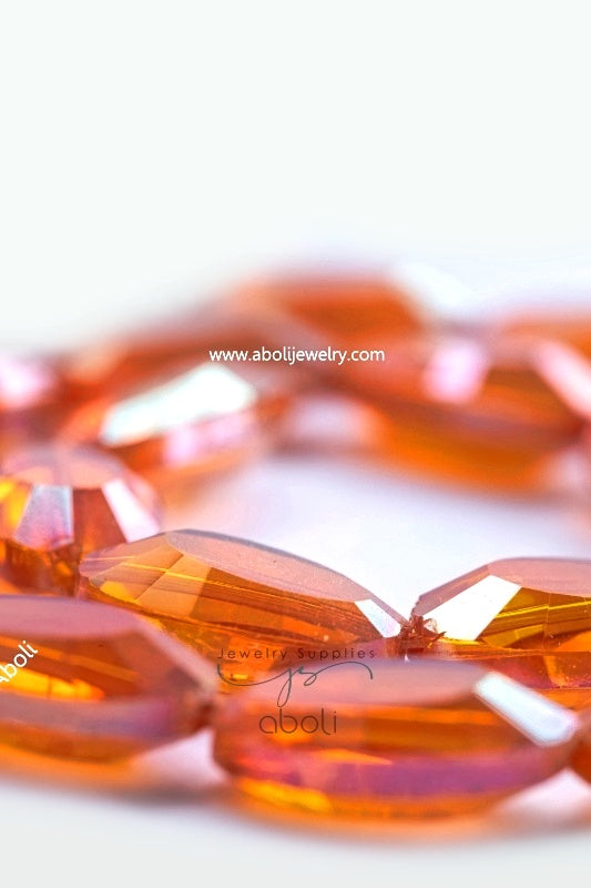 Flat Oval Faceted crystal glass beads pink orange 22 x 13 x 8 mm big glass beads FGB43