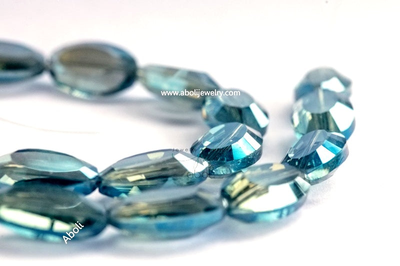 Flat Oval Faceted crystal glass beads blue 22 x 13 x 8 mm big glass beads FGB42