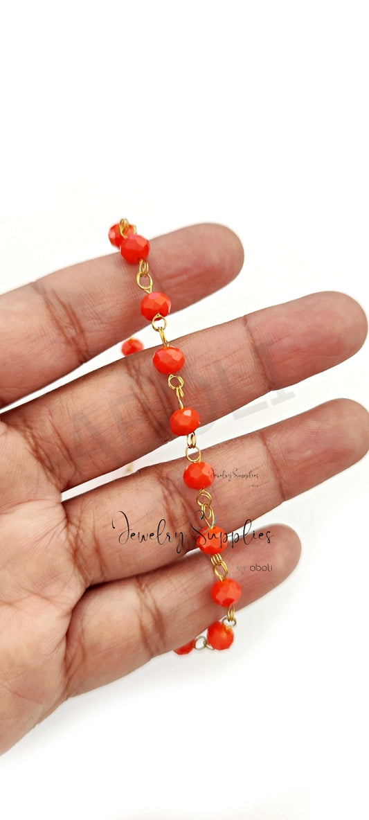 Orange rondelle beaded chain Tarnish resistant chain RGBC08 1 meter