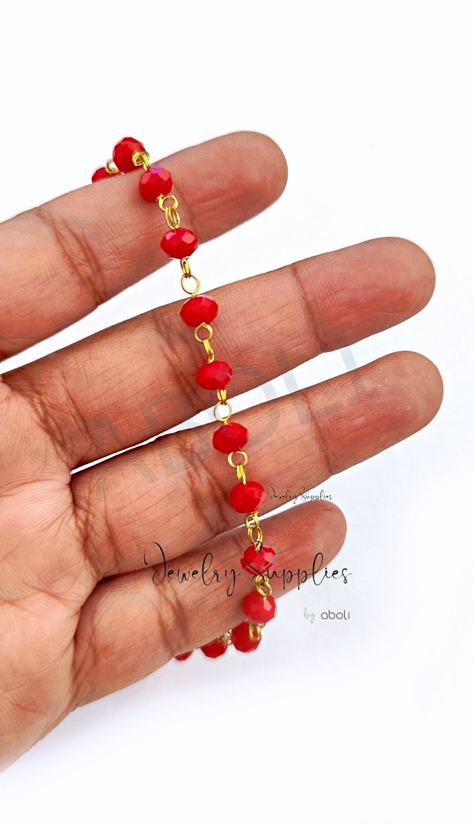 Red rondelle beaded chain Tarnish resistant chain RGBC09 1 meter