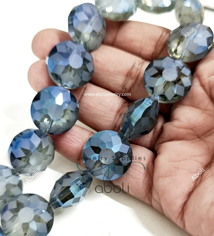 Saucer shaped Faceted crystal glass beads 18 x 12 mm blue big glass beads flat round FGB45