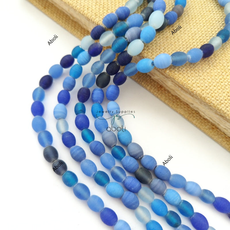 Oval glass beads 10 mm matt finish plain glass beads Shades of blue OMGB3 10 beads