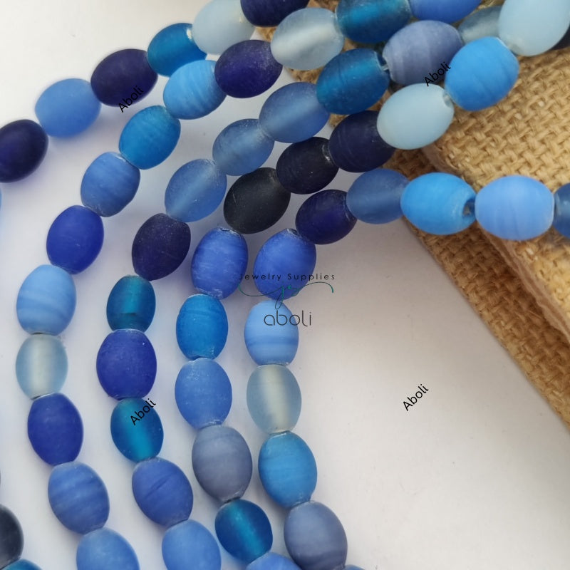 Oval glass beads 10 mm matt finish plain glass beads Shades of blue OMGB3 10 beads