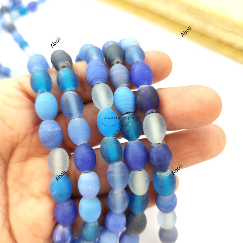 Oval glass beads 10 mm matt finish plain glass beads Shades of blue OMGB3 10 beads